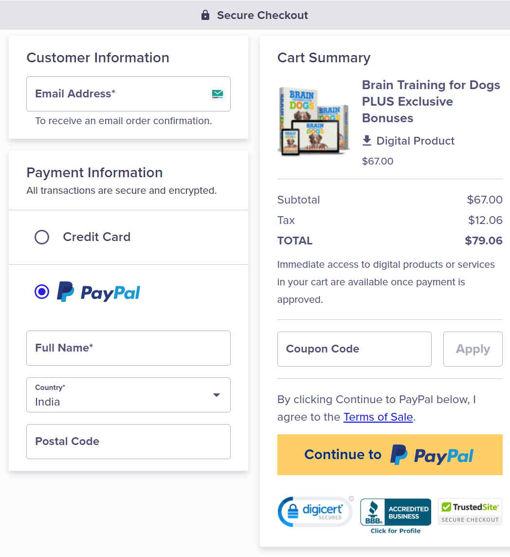 Brain Training for Dog chekout page